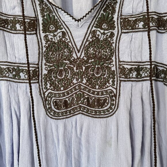 Free People Wind Willow Boho Embroidered Tie Neck Tunic Dress S Oversized Blue - Picture 4 of 7